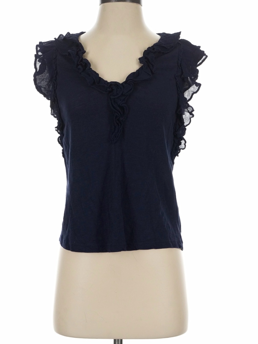 By Anthropologie Navy Blue Ruffle V-Neck Sleeveless Tank Shirt Size M
